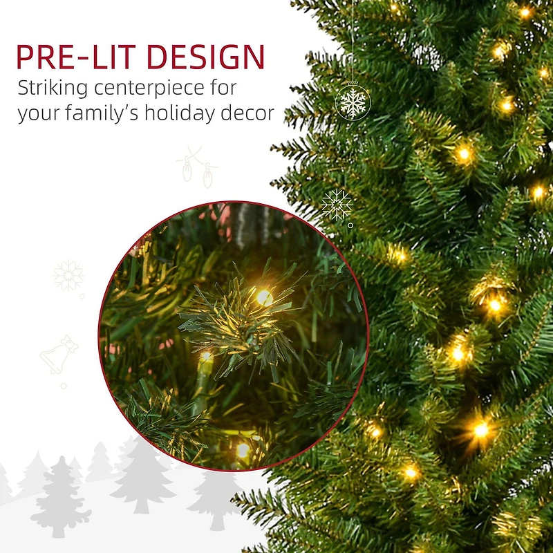 HOMCOM Sapin de Noël artificiel mince pré-illuminé de 1,8 m avec 390 pointes et 200 lumières LED blanc chaud