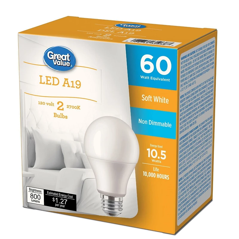 Great Value 60W A19 Soft White LED bulbs 2-pack, GV LED A19