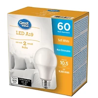 Great Value 60W A19 Soft White LED bulbs 2-pack, GV LED A19