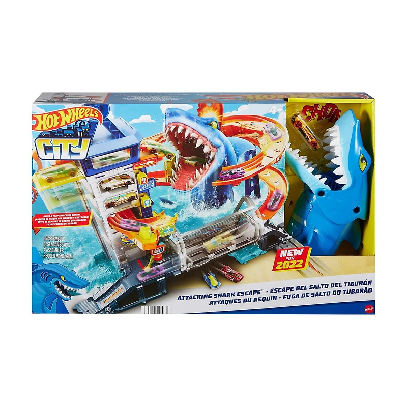 Hot Wheels Track Set and 1:64 Scale Toy Car, City Shark Escape, Multi-Level Playset