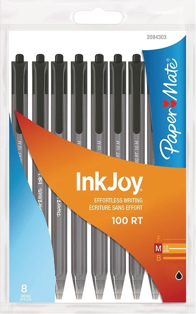 Paper Mate InkJoy Retractable Ballpoint Pens, 1,0mm, Black, 8/Pack
