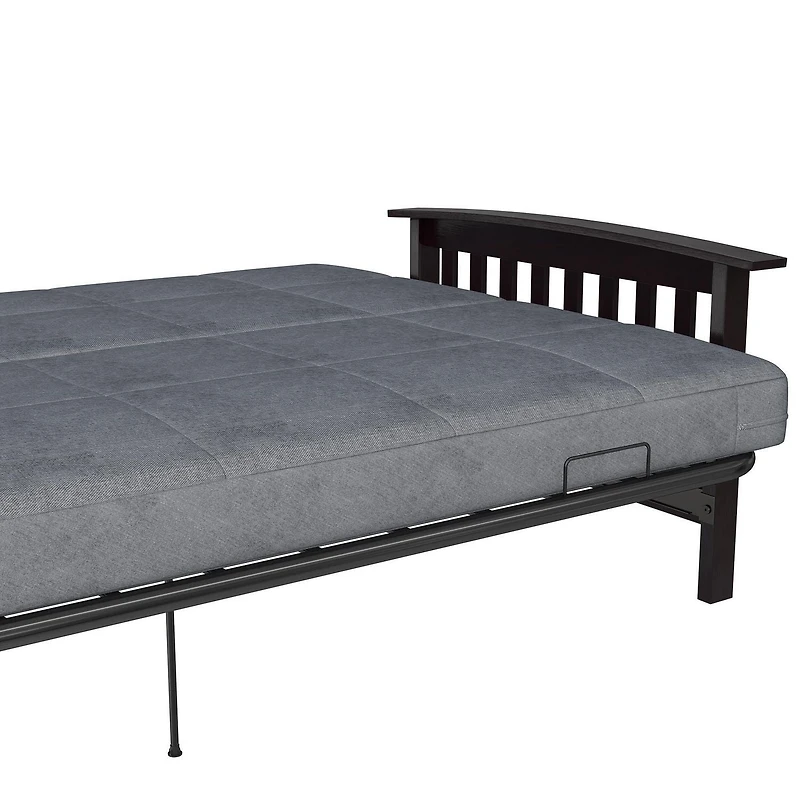 DHP Brixen Espresso Wood Arm Metal Futon Frame with 6-Inch Mattress, Full, Gray