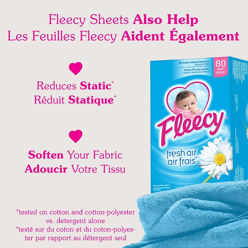 Fleecy Feuilles Assouplissantes pour Sécheuse, Assouplissant à Linge, Parfum Air Frais, 80 feuilles
