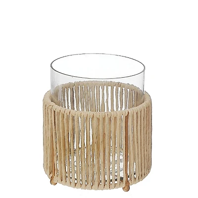 Glass Candle Holder Hurrican With Metal & Raffia Base 6.25"