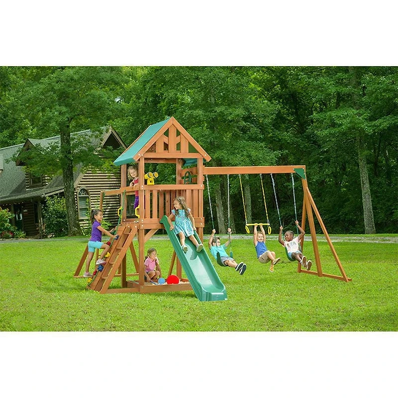 Creative Cedar Designs Mountain View Wooden Playset with Rock Wall, Slide and Swings (Multi-Colour & Green)