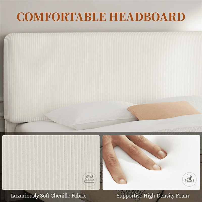 Fullfurnique Cadre de Lit Capitonné avec Tête de Lit Réglable et Lattes en Bois, Queen, Beige