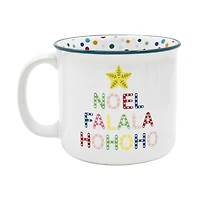 Holiday Time 15 oz Stoneware Christmas Words “NOEL FALALA HOHOHO" Blue Rim Polka Dot Festive Mug