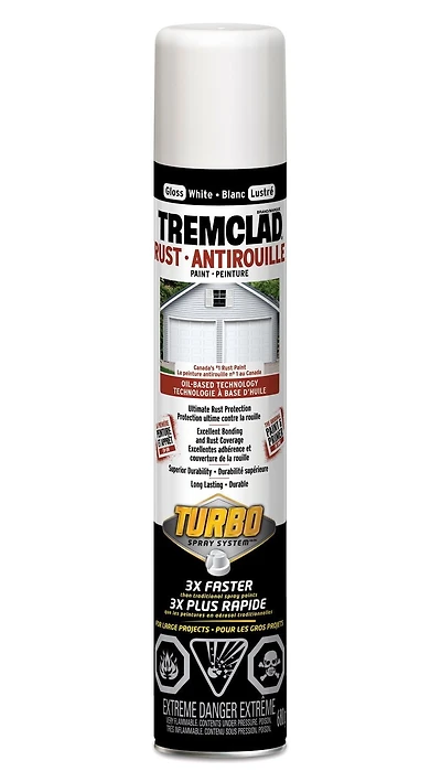 Peinture en spray de protection contre la rouille à base d'huile TREMCLAD Intérieur/Extérieur, blanc brillant, embout ventilateur Turbo 3X, 680 g