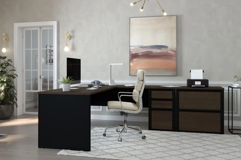 Bestar Connexion 2-Piece set including an L-shaped desk and a lateral file cabinet in antigua & black