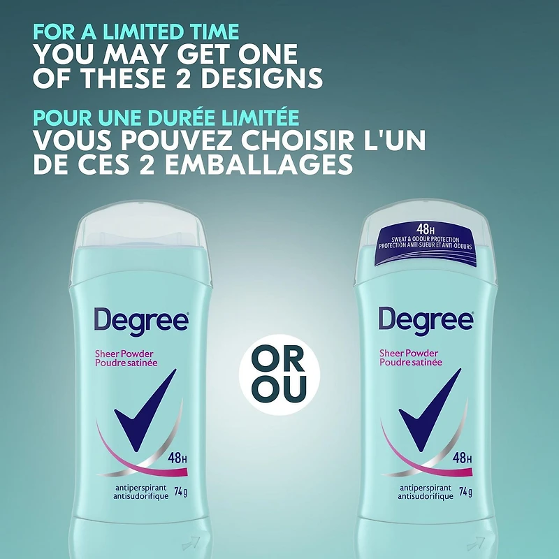 Antisudorifique en Bâton pour Femmes Degree Poudre Satinée Protection Contre la Transpiration et les Odeurs 48 Heures 74g