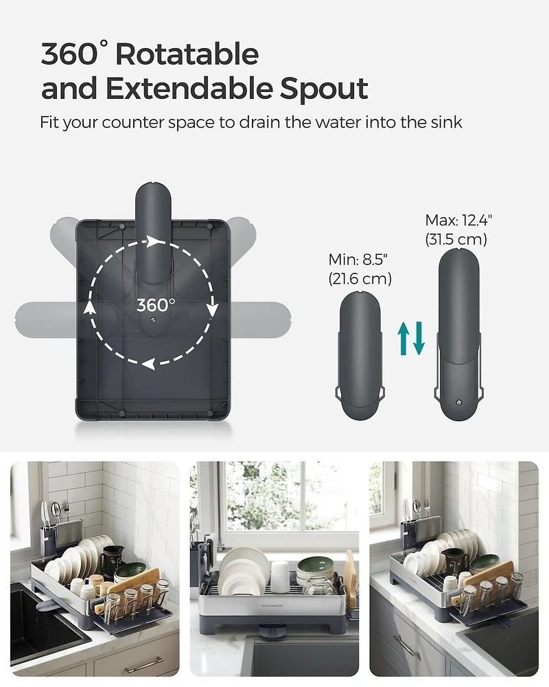 Songmics Home - Petit égouttoir à vaisselle en acier inoxydable, porte-ustensiles, argent et noir