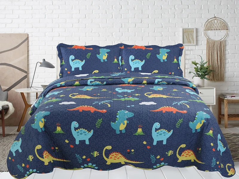 Marina Decoration Rich Printed Stitching Coverlet Bedspread Ultra Soft Summer Bedding Quilt Set with Quilted Sham, Dinosaur Zoo with Navy Blue Pattern