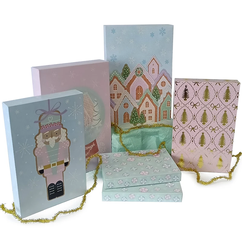 Boîtes-cadeaux Holiday Time pliantes imprimées en carton, 3 tailles assorties, 6 boîtes, Arbres Arcs