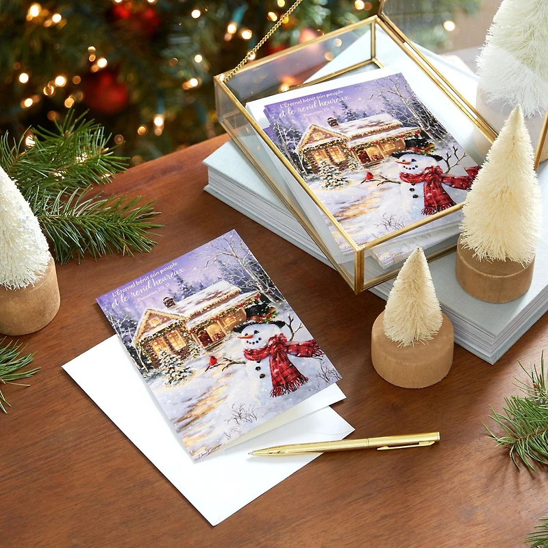 DaySpring  French-Language Religious Boxed Christmas Cards, Peaceful Snowman and House (Pack of 16 Cards with Envelopes)