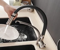 DROP Bath and Kitchen DR091020 Robinet d'évier de cuisine monotrou en laiton avec forme ronde en couleur Chrome/Noir