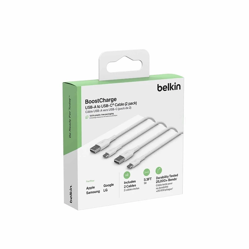 Câble BoostCharge USB-C vers USB-A 1m (Paquet de 2) Blanc de Belkin