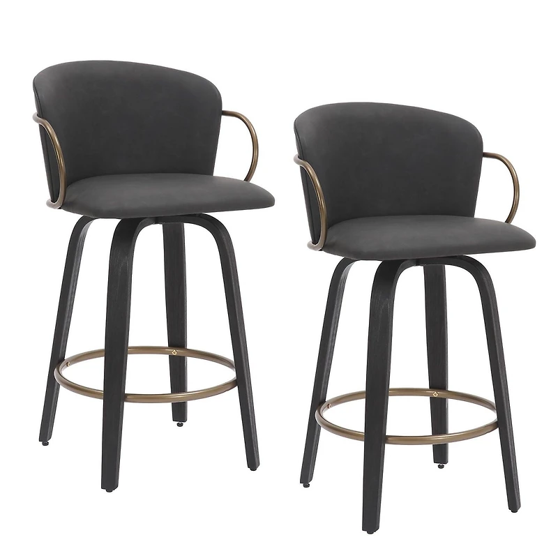 Mid-Century Faux Leather, Wood and Metal 26" Counter Stool with Swivel, Set of 2 - Charcoal, Black and Aged Gold