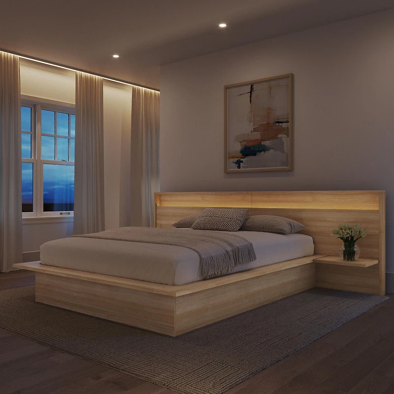 Monroe Queen Size Bedroom Set with Slatted Bedframe, Wide Headboard with Lights and Shelves
