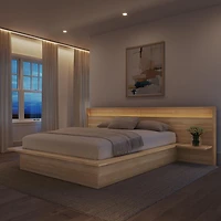 Monroe Queen Size Bedroom Set with Slatted Bedframe, Wide Headboard with Lights and Shelves