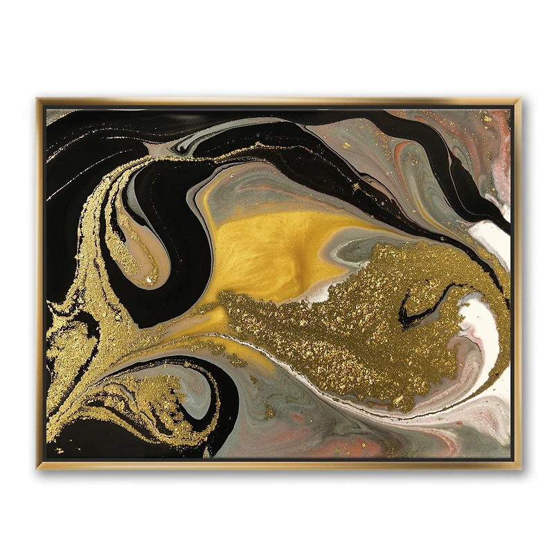 Designart Gold And Black Marbled Rippled Texture I FLOAT FRAME WALL ART