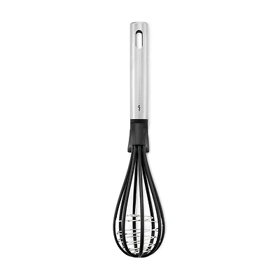 Starfrit Gourmet STEEL Nylon Whisk, High Heat Resistant, Safe for Non-Stick, Stainless Steel Handle, Three Balloon Whisk for Efficiency, Integrated Rest, Dishwasher Safe, Whisk sauces, creams and eggs with ease using the Starfrit Gourmet STEEL Nylon Whisk. Its 430-grade stainless steel handle and heat-resistant nylon head are safe for non-stick cookware. Features an integrated rest and triple-balloon design for efficient whisking. Dishwasher safe.