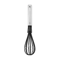 Starfrit Gourmet STEEL Nylon Whisk, High Heat Resistant, Safe for Non-Stick, Stainless Steel Handle, Three Balloon Whisk for Efficiency, Integrated Rest, Dishwasher Safe, Whisk sauces, creams and eggs with ease using the Starfrit Gourmet STEEL Nylon Whisk. Its 430-grade stainless steel handle and heat-resistant nylon head are safe for non-stick cookware. Features an integrated rest and triple-balloon design for efficient whisking. Dishwasher safe.