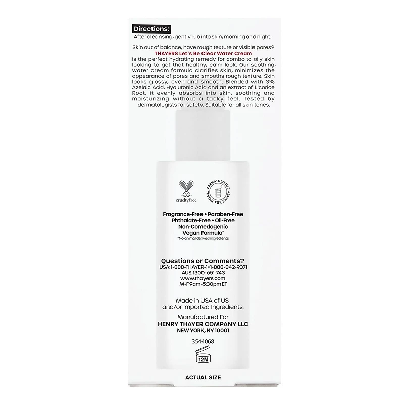 Let's Be Clear Water Face Cream, crème hydratante à base d'acide azélaïque et d'acide hyaluronique, pour les peaux mixtes à grasses, 75 ML Hydrate, matifie et nettoie instantanément