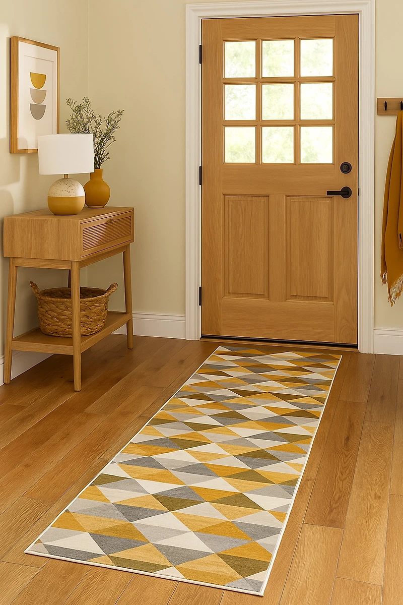 Tapis Branch Savannah 2' x 7' (Taille exacte : 2'3" 7') de couloir moderne du milieu siècle, jaune beige, géométrique pour entrée, couloir, salle bain et cuisine