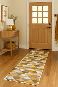 Tapis Branch Savannah 2' x 7' (Taille exacte : 2'3" 7') de couloir moderne du milieu siècle, jaune beige, géométrique pour entrée, couloir, salle bain et cuisine