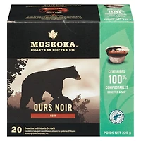Dosettes de café Ours Noir de Muskoka Roastery Coffee Co. à torréfaction foncée en emballage d'une portion