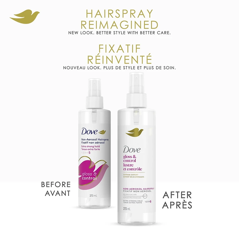 Dove Non-Aerosol Hairspray for Extra Strong Hold Hairspray Gloss & Control Protects Against Damp or Humid Conditions 273mL, 273 ML