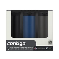 Tasse de voyage isotherme Contigo Huron 2.0, acier inoxydable, 591 mL (20 oz), couvercle SNAPSEAL, couleurs variées paquet de 3
