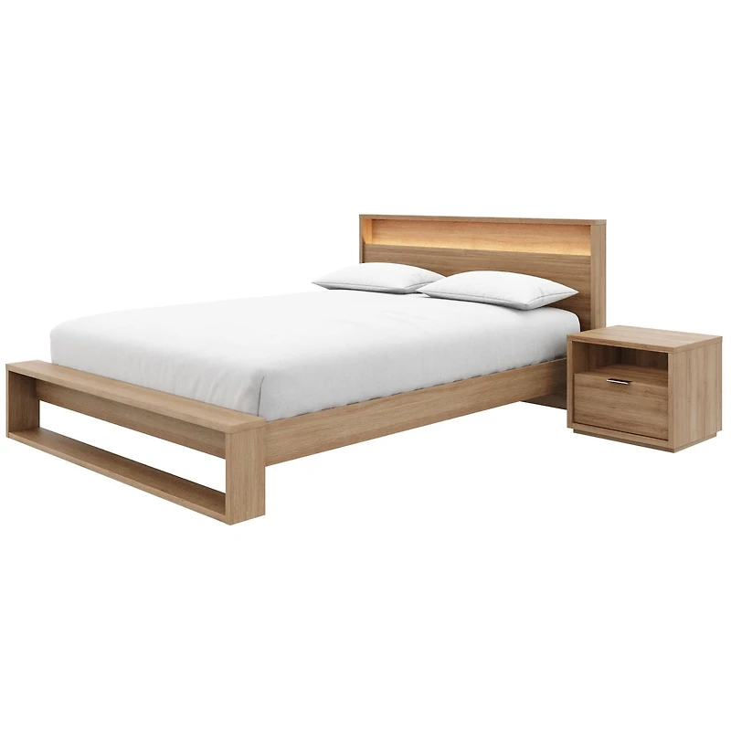 Ensemble de chambre à coucher Gael 3 pièces avec lit queen size, sommier à lattes, tête de lit avec éclairage intégré et table de chevet