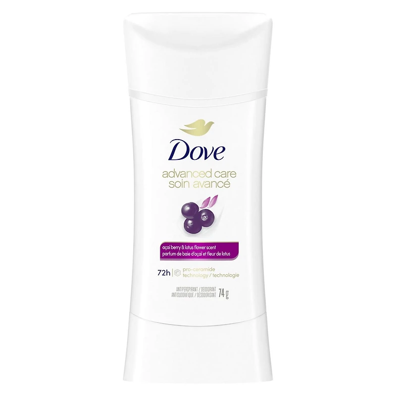Antisudorifique désodorisant pour femme Dove Soin Avancé Parfum de Baie d'Açaï et Fleur de Lotus avec technologie pro-céramides pour une peau douce et résistante 74g