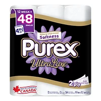 Papier hygiénique Purex UltraLuxe doux et épais, hypoallergénique et sans danger pour les fosses septiques, 12 roul. méga = 48 roul. Simples