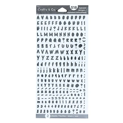 CRAFTY & CO. autocollants d'alphabet, noirs, décoratifs, 518 pièces, bricolage, artisanat ALPHA STKR 518PC BLK
