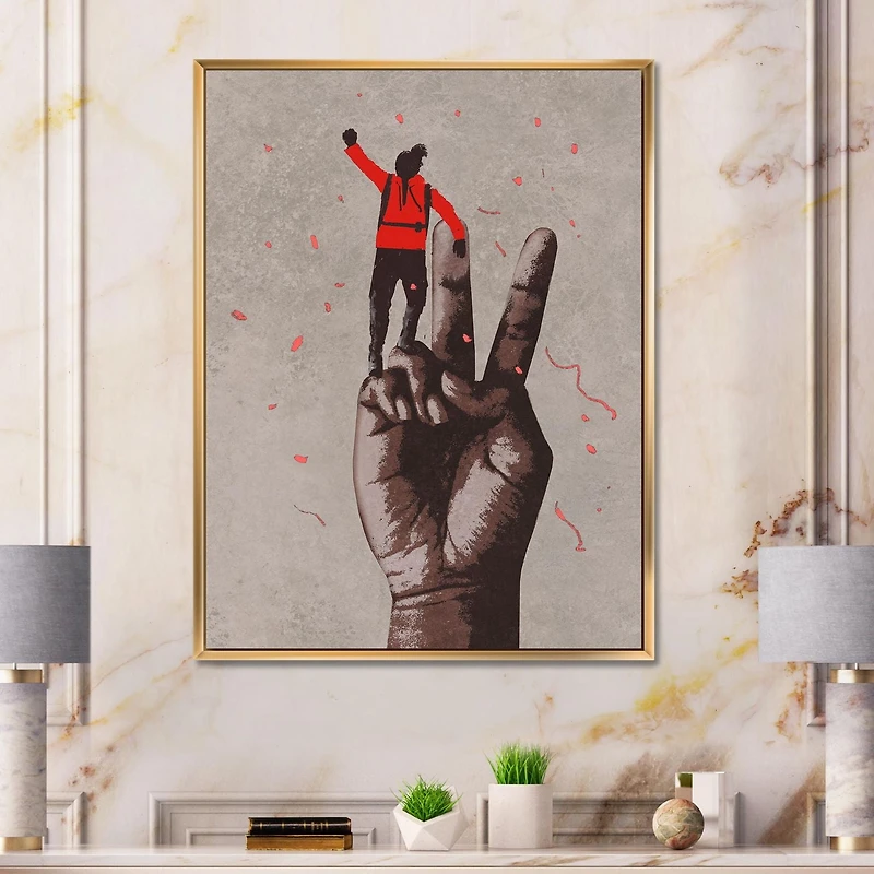 Designart Victory Sign With Man With Arm Raised FLOAT FRAME WALL ART