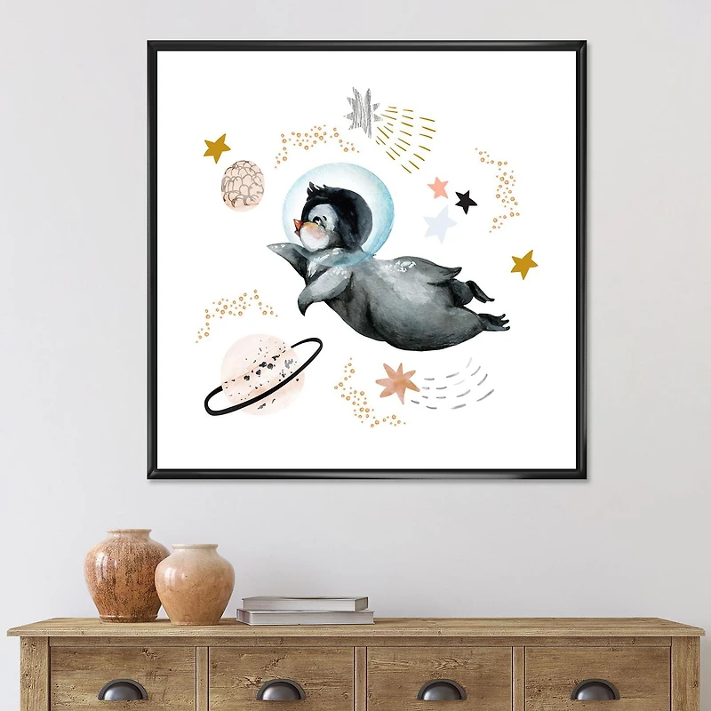 Designart Little Penguin Flying Stars and Planets II FLOAT FRAME WALL ART