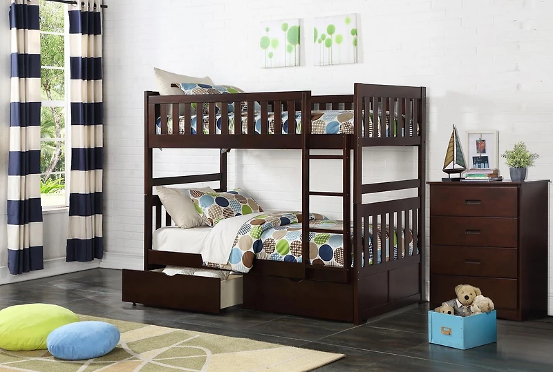 Topline Home Furnishings Twin/Twin Bunk Bed with Storage Boxes, Espresso