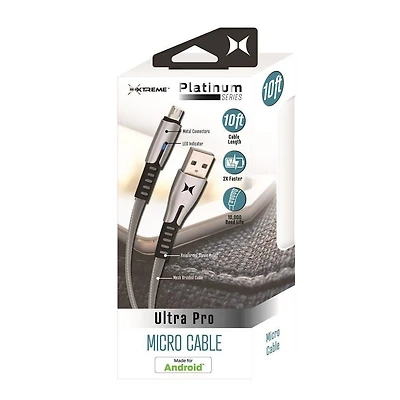 XTREME Premium Charge/Sync Micro USB Cable 10ft, Silver