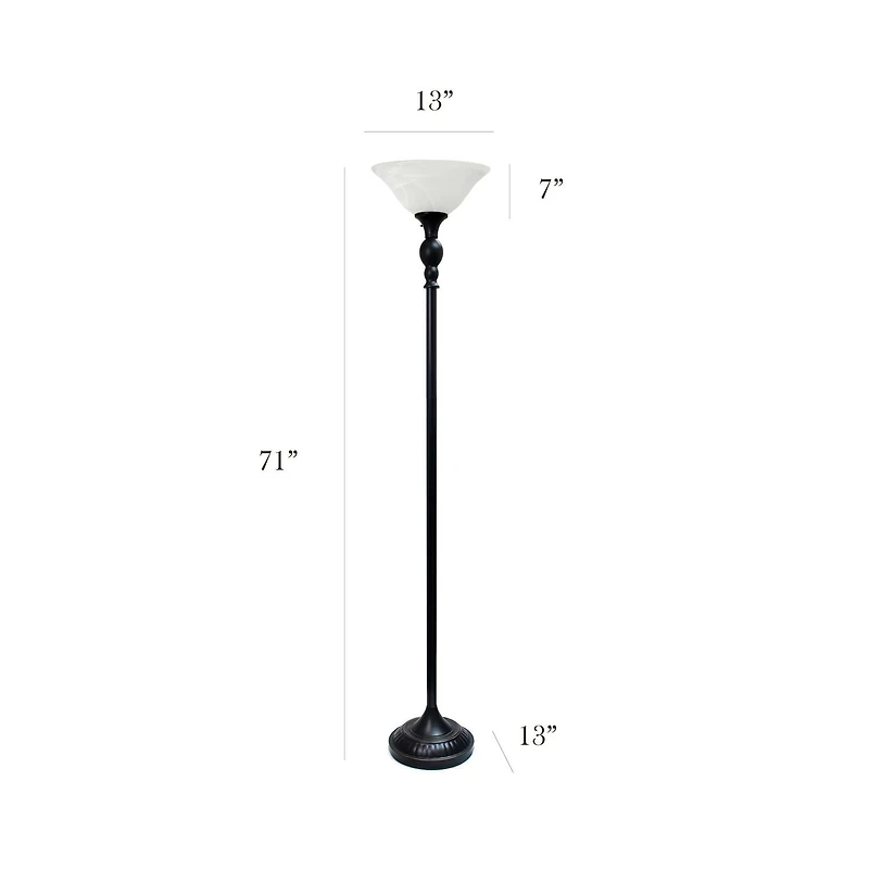 Lampadaire Torchiere Elegant Designs à 1 Lumière avec Abat-Jour en verre marbré blanc, bronze et blanc