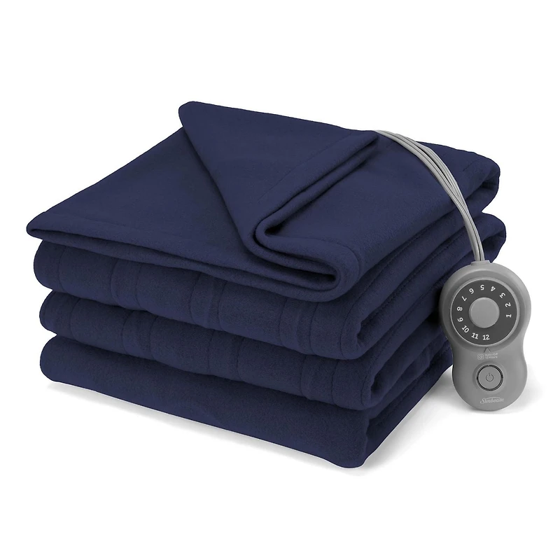 Couverture chauffante Sunbeam en polaire pour pour lits jumeaux, lits à deux places/grands lits et très grands lits, 12 réglages de chaleur, chauffage rapide, arrêt automatique après 12 heur