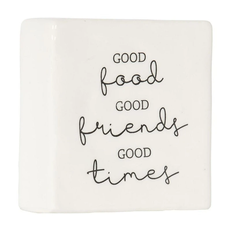 Plaque carrée de table en porcelaine “Good Food Good Friends Good Times” Linden