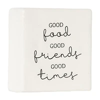 Plaque carrée de table en porcelaine “Good Food Good Friends Good Times” Linden