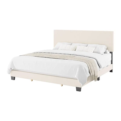 Lit adulte capitonné CorLiving Celeste en tissu bouclé blanc cassé avec tête de lit, sommier requis