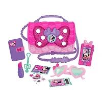 Ensemble de Sac Bowfabuleux de Minnie Mouse de Disney Junior, Sac à 9 Eléments pour Jouer en Faisant Semblant avec Téléphone Portable Sons et Lumières, Lunettes de Soleil et Accessoires