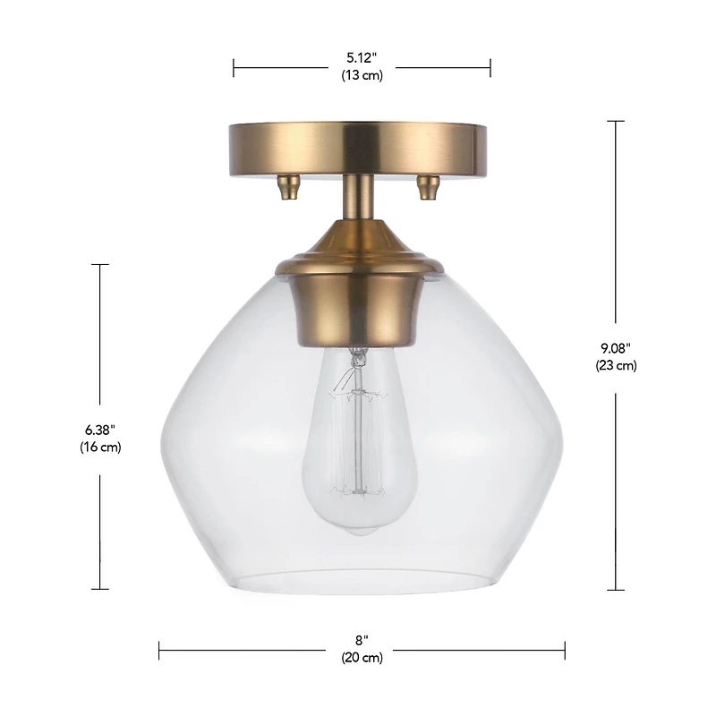 Plafonnier quasi affleurant à 1 ampoule Harrow, laiton mat, abat-jour en verre transparent
