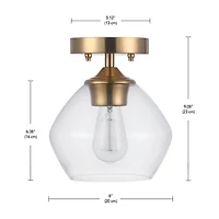 Plafonnier quasi affleurant à 1 ampoule Harrow, laiton mat, abat-jour en verre transparent