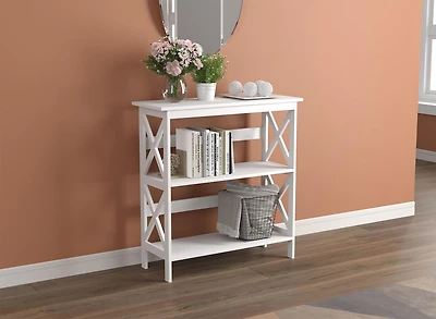 3-Tier Console Table with X-Design, 32-inch Modern Farmhouse Sofa Table & Bookcase, Narrow Entryway Table & Hallway Table, Rustic Storage Shelf (White) | Table Console Rustique 3 Niveaux