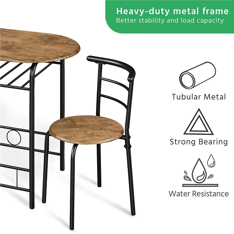 Fullfurnique Modern 3-piece Round Dining Table and 2 Chairs Set with Steel Legs, Brown